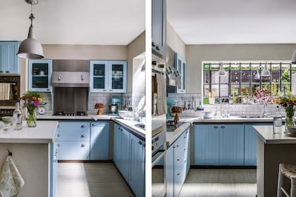 Los pisos de porcelanato símil madera acompañan la deco de esta cocina inspirada en el estilo vintage norteamericano