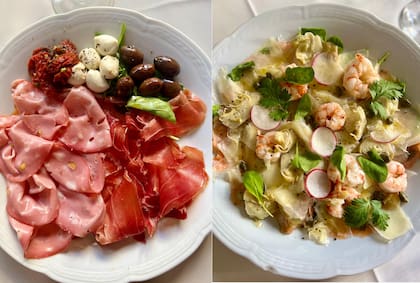 Los platos de Cornelio: Antipasto del salumieri y carpaccio de salmón y langostinos