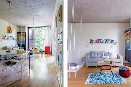 Los postigos de acero inoxidable y madera del edificio no solamente visten la fachada: desde adentro, lucen encantadores también. Por su parte, una hamaca divide sutilmente el living del comedor y enfatiza la altura.