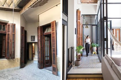 Los postigos y aberturas son originales: los pudieron recuperar y dejar como marca de época. Al sector de galería que extendieron (donde cuelga la hamaca), lo hicieron con piso calcáreo liso, a tono con el otro (Moltrasio).