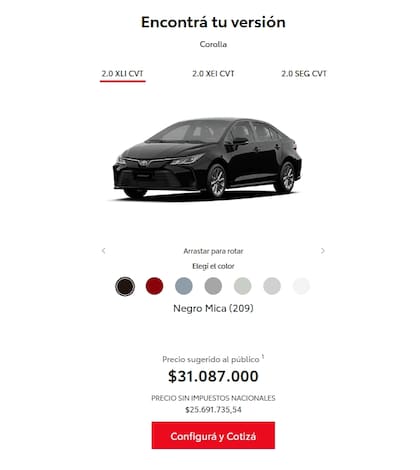 Los precios de Toyota con y sin impuestos nacionales