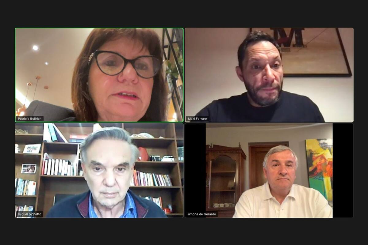 Los presidentes partidarios de Juntos por el Cambio -Patricia Bullrich (Pro), Gerardo Morales (UCR), Maximiliano Ferraro (CC) y Miguel Ángel Pichetto (Encuentro Republicano Federal)- se reunieron vía Zoom para definir la hoja de ruta frente a la crisis