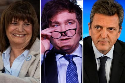 Los principales candidatos a presidente Patricia Bullrich, Javier Milei y Sergio Massa