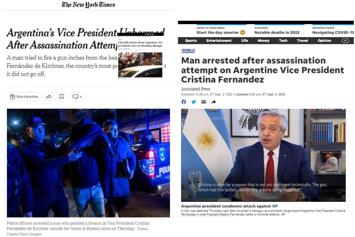 Los principales diarios de Estados Unidos difundieron las imágenes del intento de magnicidio a la vicepresidenta de la Argentina, Cristina Fernández de Kirchner