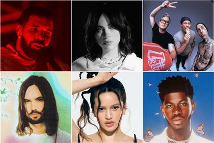 Los principales headliners del Lollapalooza Argentina 2023: de izquierda a derecha Drake, Billie Eilish, Blink 182, Tame Impala, Rosalía y Lil Nas X