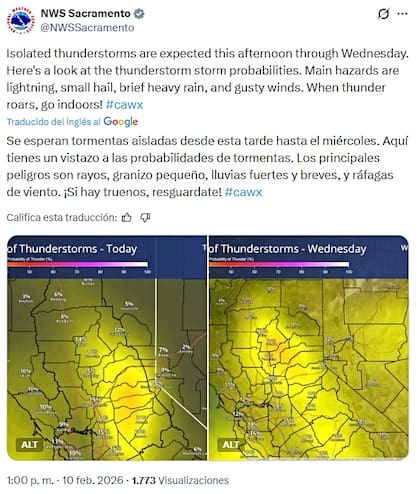 Los principales peligros son rayos, granizo pequeño, lluvias fuertes y breves, y ráfagas de viento