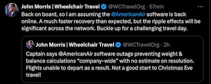 Los problemas de American Airlines justo en la previa de Nochebuena fueron comentados por los pasajeros en redes como X (@WCTravelOrg)