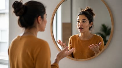 Los psicólogos también aseguran que si una persona habla frente al espejo, está en una búsqueda de autoconocimiento (Foto ilustrativa generada por IA)
