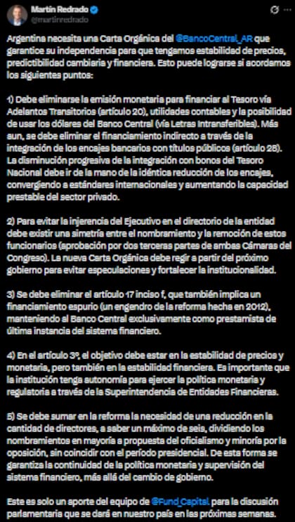 Los puntos claves de la reforma del Banco Central para Martín Redrado