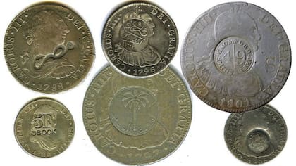 Los Reales de a Ocho se usaban en todas las esquinas del mundo. Cada lugar le ponía su sello, como se ve aquí (de izq. a der.; de arriba a abajo): Egipto, Sudan, Inglaterra, Obock, Arabia Saudita, Indochina francesa.