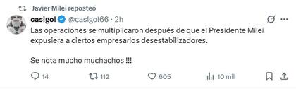 Los reposteos de Milei para apoyar a Adorni
