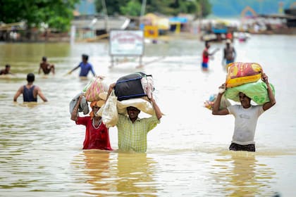 Los residentes afectados por las inundaciones de una zona baja en las orillas del río Ganges mueven sus pertenencias a un terreno más seco en Sangam, ya que el nivel del agua de los ríos Ganges y Yamuna aumenta rápidamente durante las lluvias monzónicas en la región