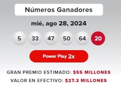Los resultados de la lotería Powerball del miércoles 28 de agosto