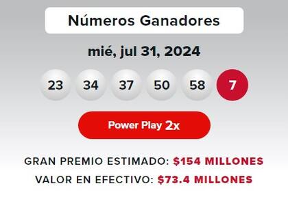Los resultados de la lotería Powerball del miércoles 31 de julio