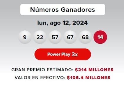 Los resultados de la lotería Powerball del lunes 12 de agosto