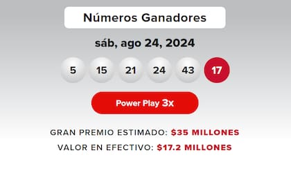 Los resultados de la lotería Powerball del sábado 24 de agosto.