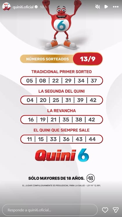 Los resultados del Quini 6 de este domingo 13 de septiembre (Foto: Captura Instagram/@quini6.oficial)