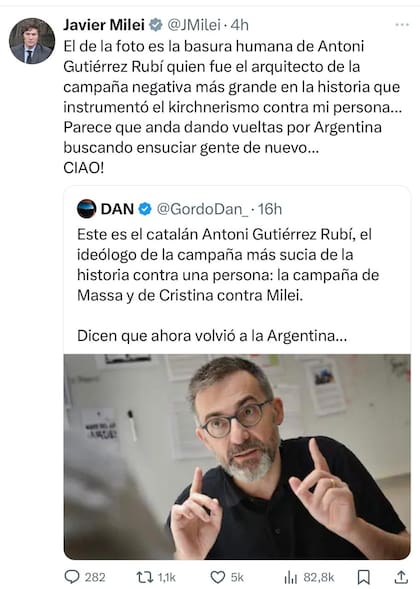 Los retuits de Milei contra el nuevo estratega de los Macri