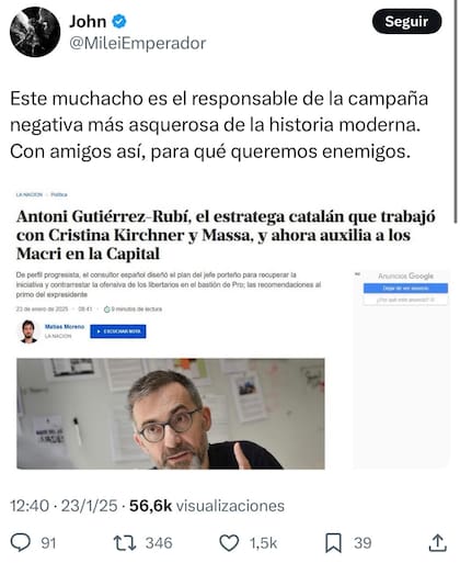 Los retuits de Milei contra el nuevo estratega de los Macri