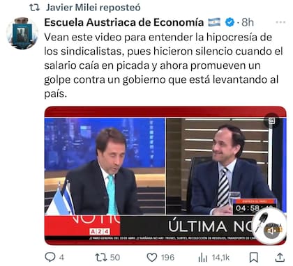 Los retuits de Milei en el día del paro