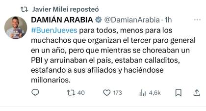 Los retuits de Milei en el día del paro