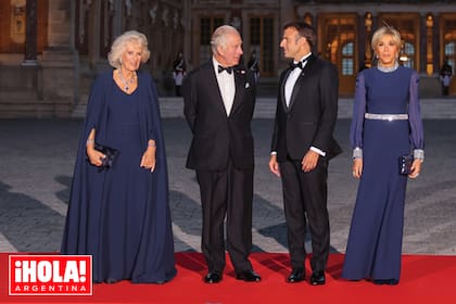 Los Reyes posan junto a Emmanuel y Brigitte Macron con el Palacio de Versalles como magnífico telón de fondo. Las mujeres coincidieron en la elección del color y la etiqueta de sus vestidos: Dior.