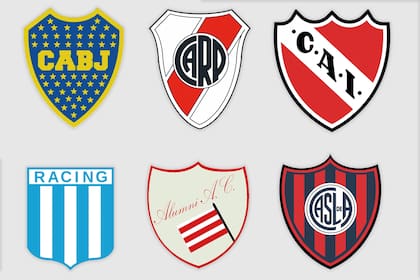 Los seis primeros clubes del ranking histórico de campeones del fútbol argentino: Boca, River, Indpendiente, Racing, el extinto Alumni y San Lorenzo.