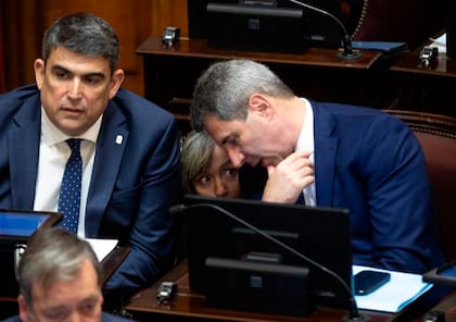 Los senadores Bensusán y Uñac están sentados en sus bancas; atrás, agachada, Di Tullio dialoga con el sanjuanino