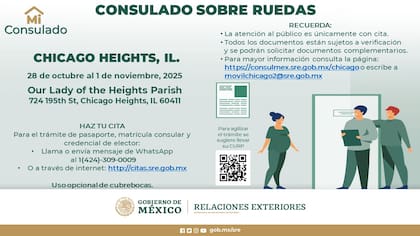 Los servicios del Consulado sobre Ruedas se llevarán a cabo del 28 de octubre al 1 de noviembre (X/@ConsulMexCho)