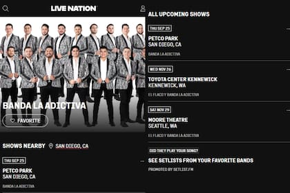 Los shows de La Adictiva seguían presentes en el cartel de Live Nation al 22 de agosto de 2025