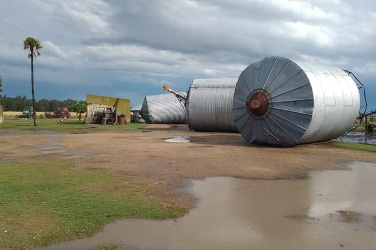 Los silos de un campo en Tamangueyú, Lobería, quedaron volcados por el fuerte viento