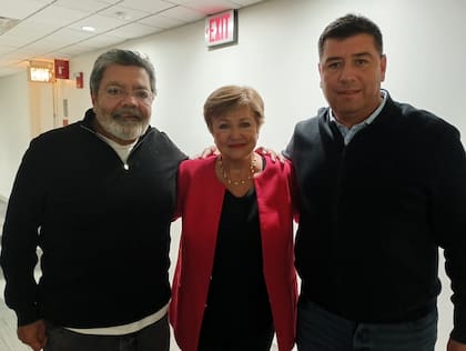 Los sindicalistas Gerardo Martínez y Cristian Jerónimo estuvieron el año pasado en Washington en un panel con Kristalina Georgieva, la jefa del FMI