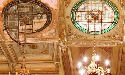 Los techos y sus vitreaux, antes y después de la recuperación de la casa