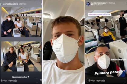Los tenistas argentinos en un vuelo chárter rumbo a la gira australiana: Juan Manuel Cerúndolo (y su hermana Constanza), Schwartzman y Báez (y su coach Gutiérrez).