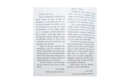 Los textos de las cartas de Leandro N. Alem a su hijo Leandro y a su hermana Tomasa