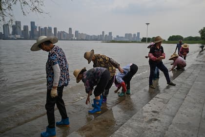 Los trabajadores limpian sus botas en el río Yangtze en Wuhan, en la provincia central de Hubei en China, el 28 de septiembre de 2020