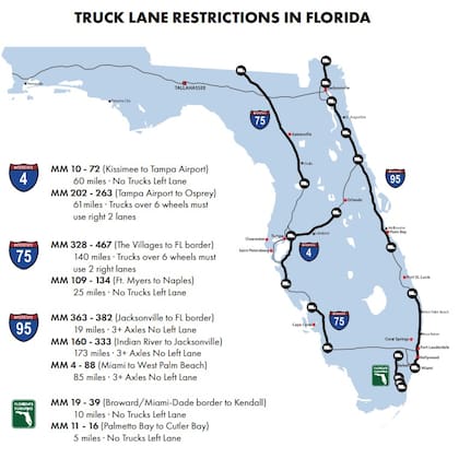 Los tramos señalizadas con restricciones de carriles para camiones en Florida
