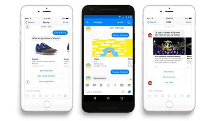 Los tres bots de Messenger disponibles hoy: noticias de CNN, el asistente de compras Spring y Poncho, con el reporte del estado del tiempo