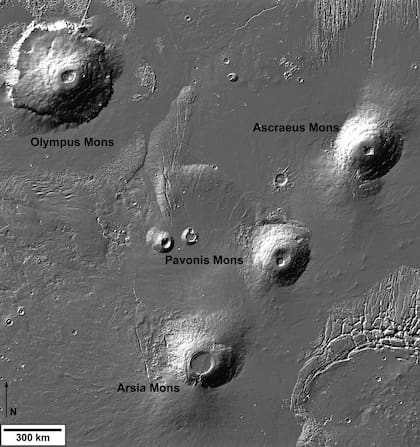 Los tres Montes de Tharsis y el Monte Olimpo