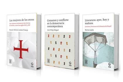 Los tres primeros títulos de Puentes de Encuentro: "Literatura: ayer, hoy y mañana. Lectores y lecturas en la historia de Brasil" de Marisa Lajolo, "Las Mujeres de los otros. Los viajeros cristianos en las tierras al oriente, entre los siglos XIII y XV" de Susani Silveira Lemos França y "Consenso y conflicto en la democracia contemporánea" de Luis Felipe Miguel