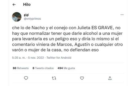 Los tuits contra los dichos de Nacho y Conejo sobre Julieta fueron numerosos y durísimos