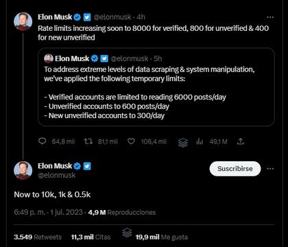 Los tuits de Elon Musk anunciando los límites diarios temporales a la visualización de tuits, para usuarios no verificados y para verificados (estos últimos, pagos)