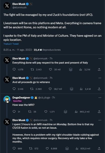 Los tuits de Elon Musk diciendo que su pelea con Mark Zuckerberg podría hacerse en italia, pero que deberá esperar que se recupere de una operación