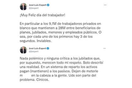 Los tuits de José Luis Espert en el Día del Trabajador