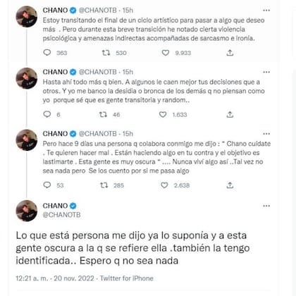 Los tuits que Chano compartió a finales de noviembre del 2022 y que generaron preocupación