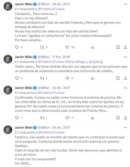 Los tuits que publicó Milei contra Furiase en 2017