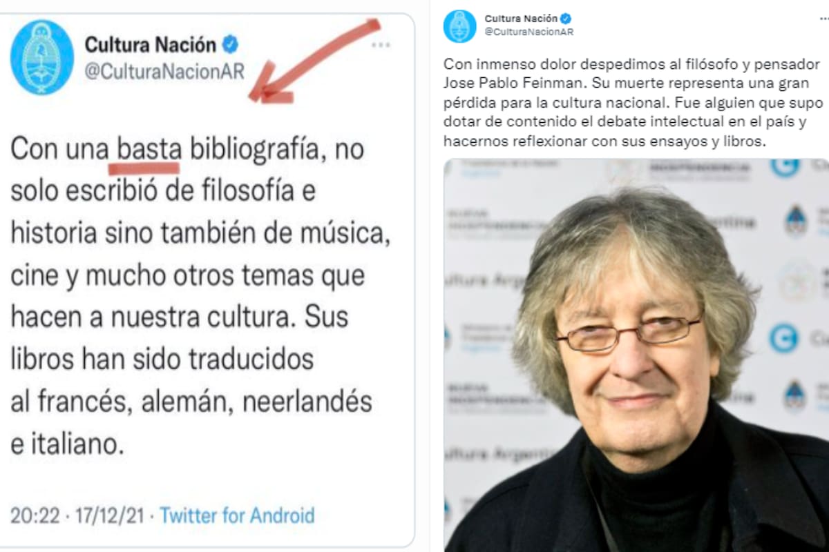 Los usuarios de Twitter advirtieron varios errores en el hilo del Ministerio de Cultura de la Nación por el fallecimiento de José Pablo Feinmann