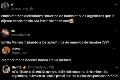 Los usuarios de X aseguraron que Mernes llamó "muertos de hambre" a quienes la criticaron por su mudanza a Miami (Foto: Captura de X)