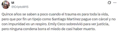 Los usuarios dieron su apoyo a Emily Ceco tras la condena de 15 años a Santiago Martínez