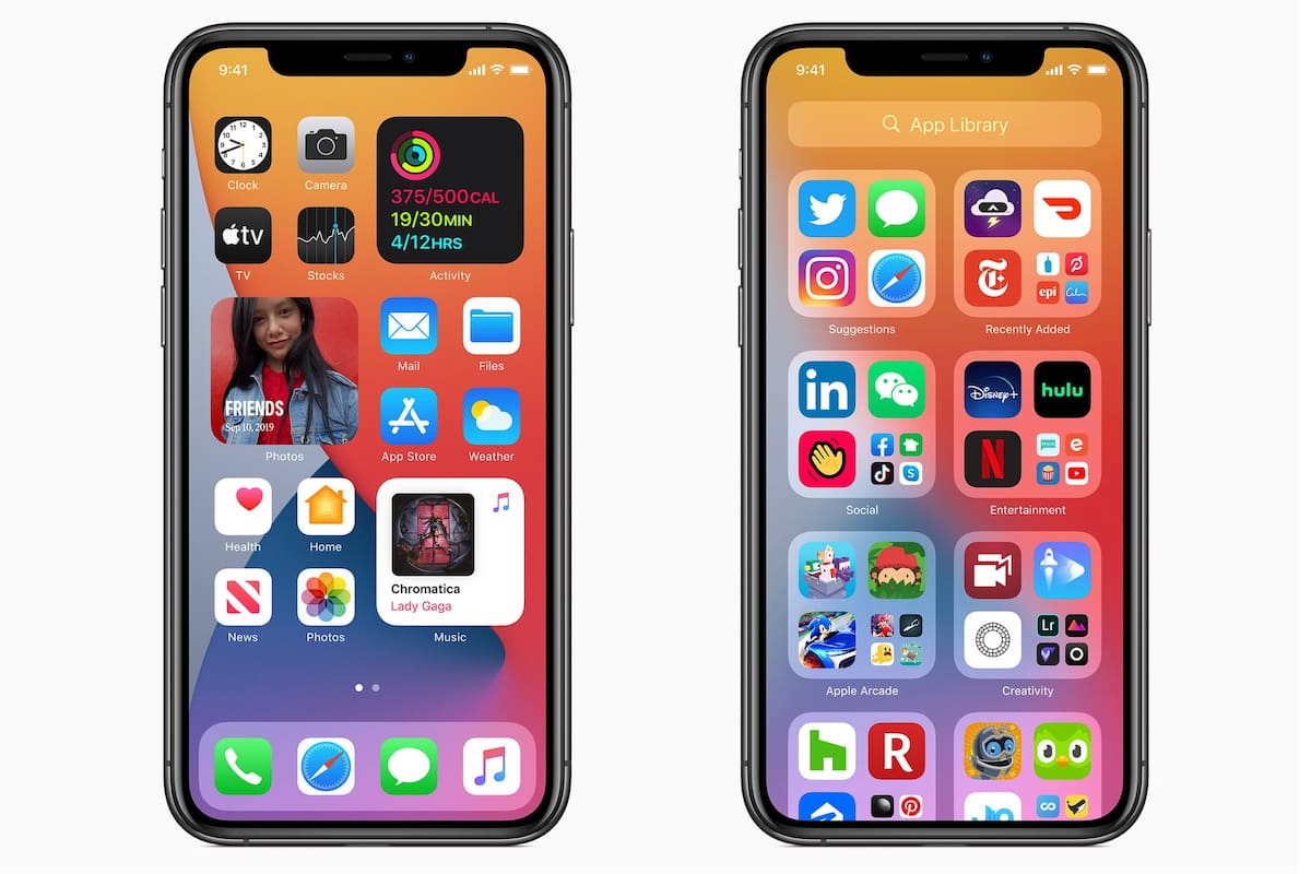 Los widgets para iOS 14 (izq) y la biblioteca de aplicaciones (derecha)